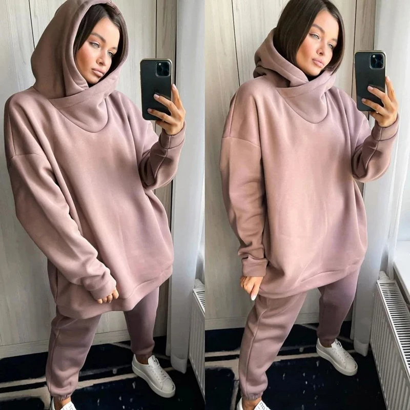 Autumn Winter Warm Tracksuit Women Two Piece Set Oversize Hoodie Sweatshirt And Jogger Pants Sportswear Outfit Fleece-lined Suit