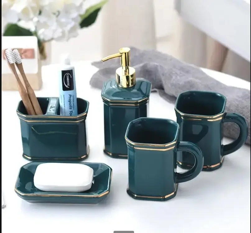 Green Ceramic Bathroom Set Bathroom Supplies Mouthwash Cup with Handle Toothbrush Holder Lotion Bottle Soap Dish Storage Tray