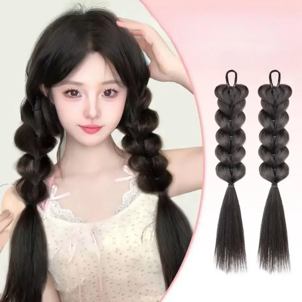 

2pcs Synthetic Wig Natural Bubble Braided Wig Women Simulation Puffy Twisted Double Ponytail Hair Extensions