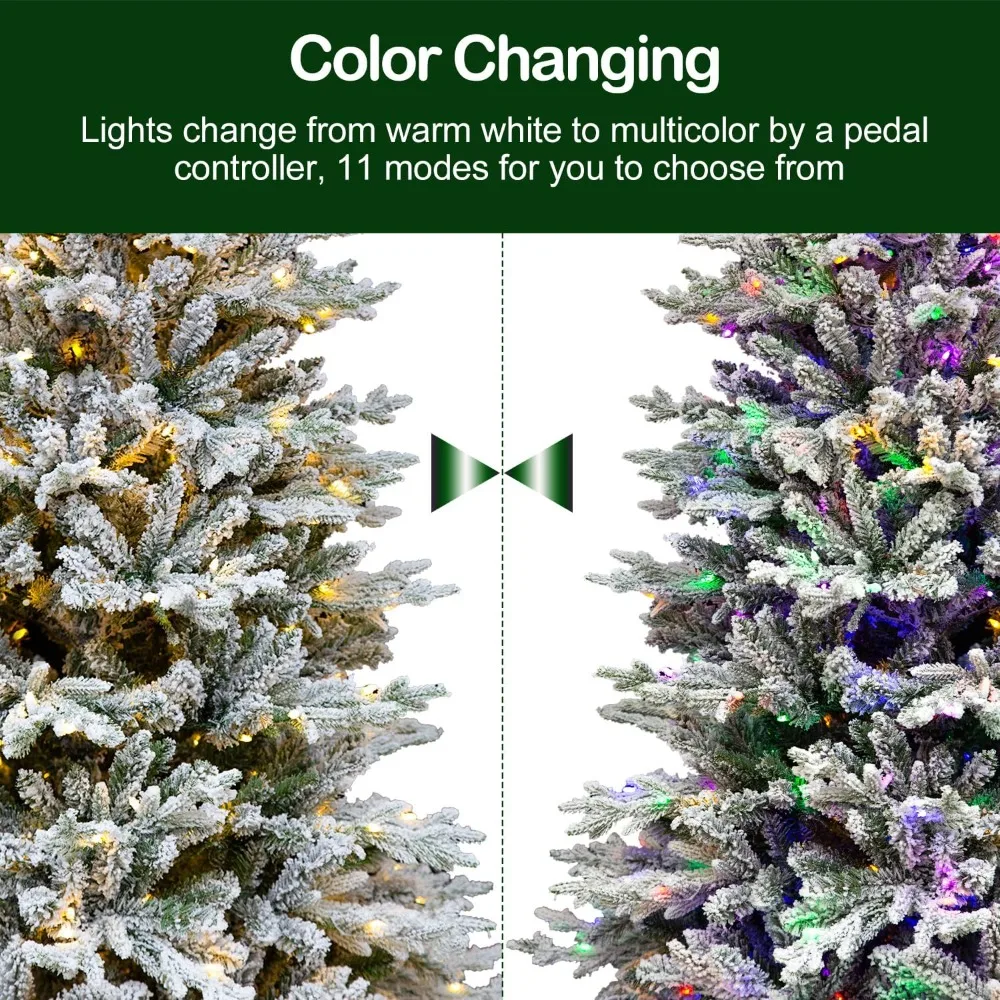 Christmas Tree 6.5 Ft Prelit Snow Flocked Artificial with 350 Color Changing LED Lights, 2024 PE&PVC Branch Tips Christmas Trees