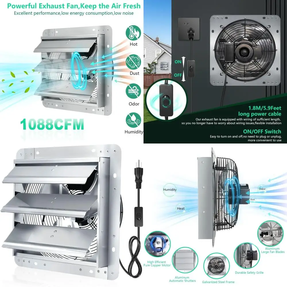 

14 Wall-Mounted Attic Ventilator Fan with ON/OFF Switch, 1750 RPM, 1088 CFM for Greenhouse, Garage, Barn, Shed, Chicken Coops