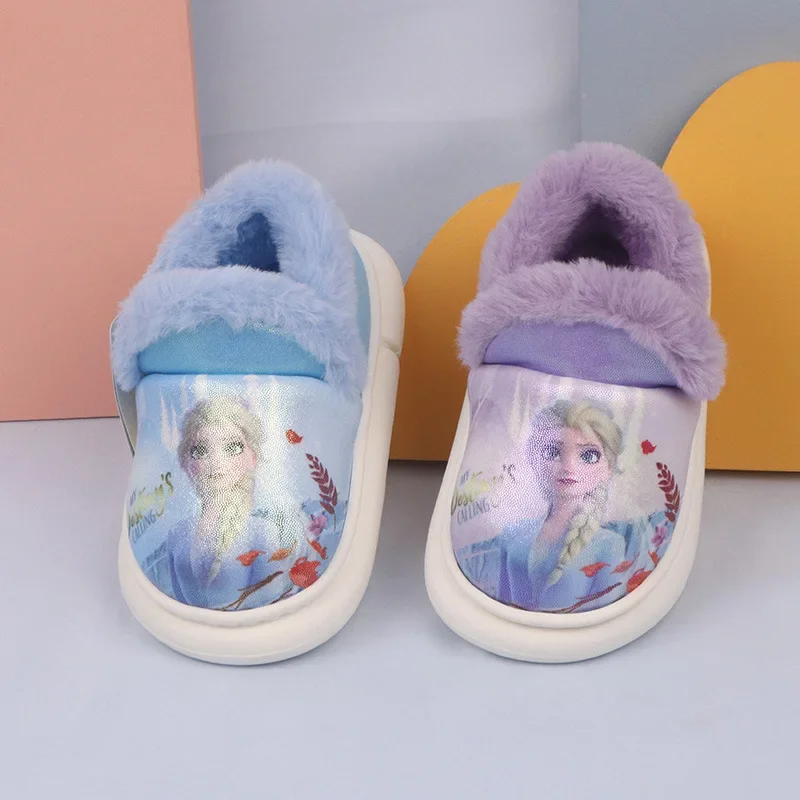 Disney Cartoon Frozen Princess Elsa Children\'s Plush Slippers Soft Non-slip Winter Warm Baby Girls Kids Indoor Home Cotton Shoes