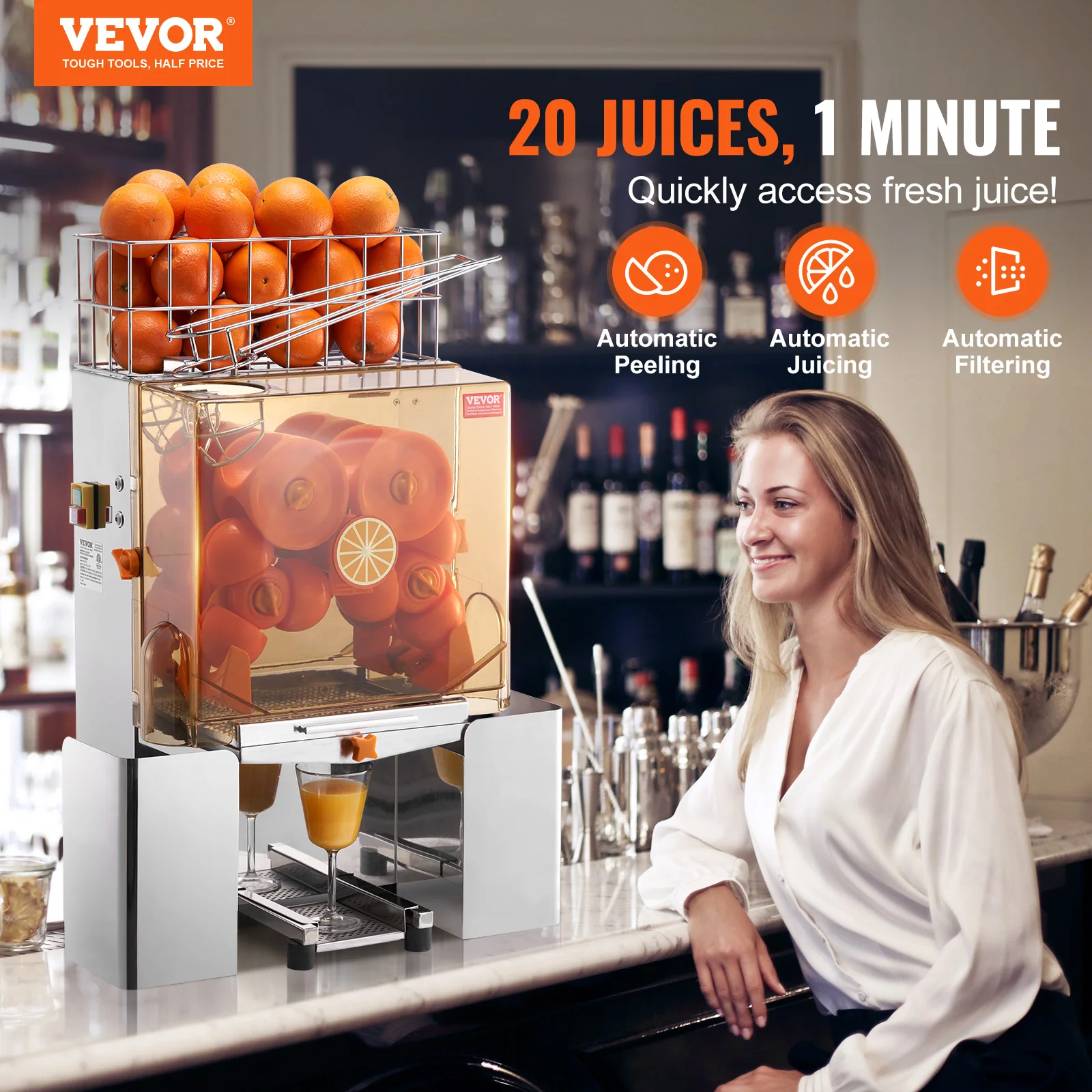 VEVOR Commercial Orange Juicer Machine Automatic Juice Extractor Stainless Steel Orange Squeezer with Pull-Out Filter Box 
