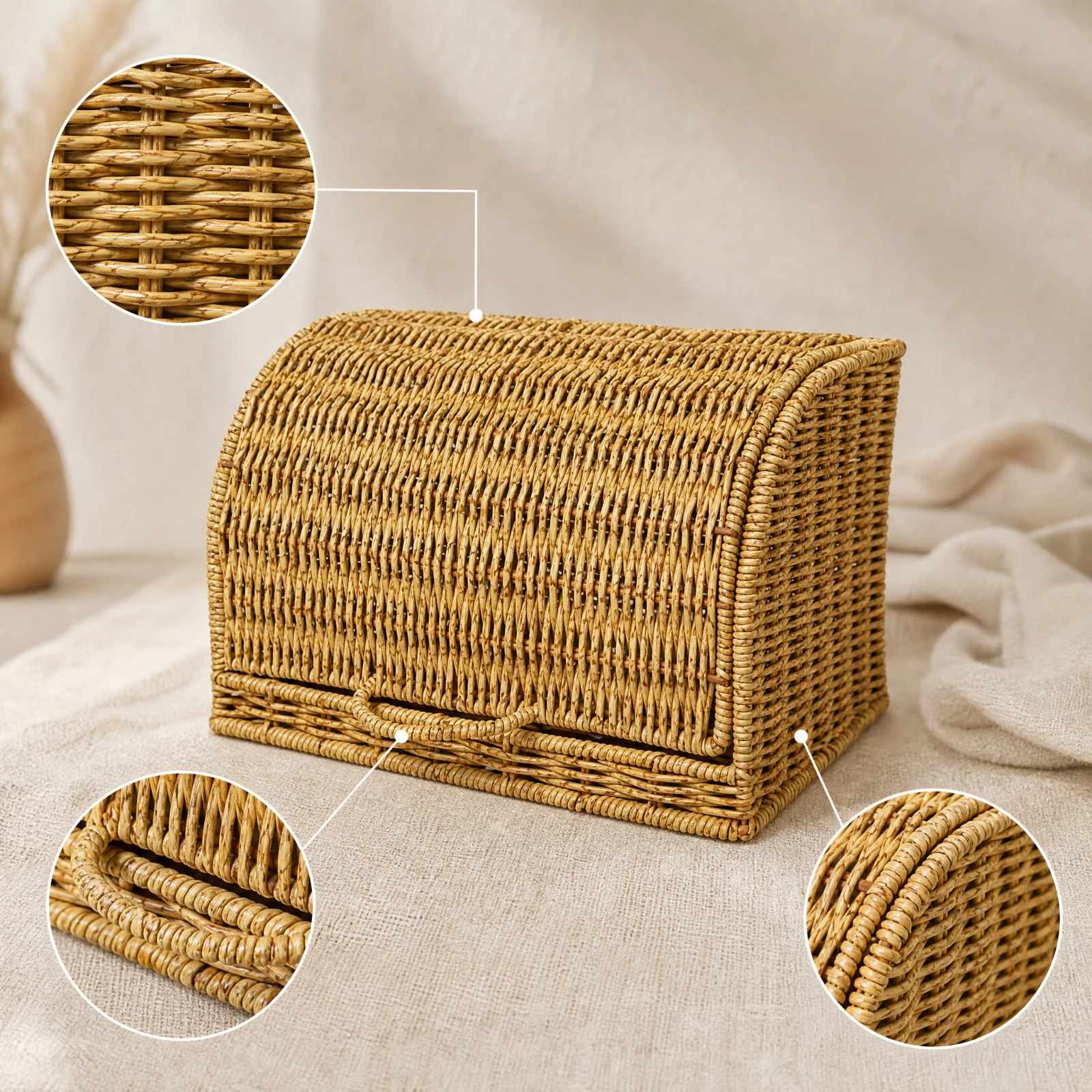 Openwork Woven Basket with Hinged Lid Compact Rectangular Storage Basket with Lid Lightweight Breathable
