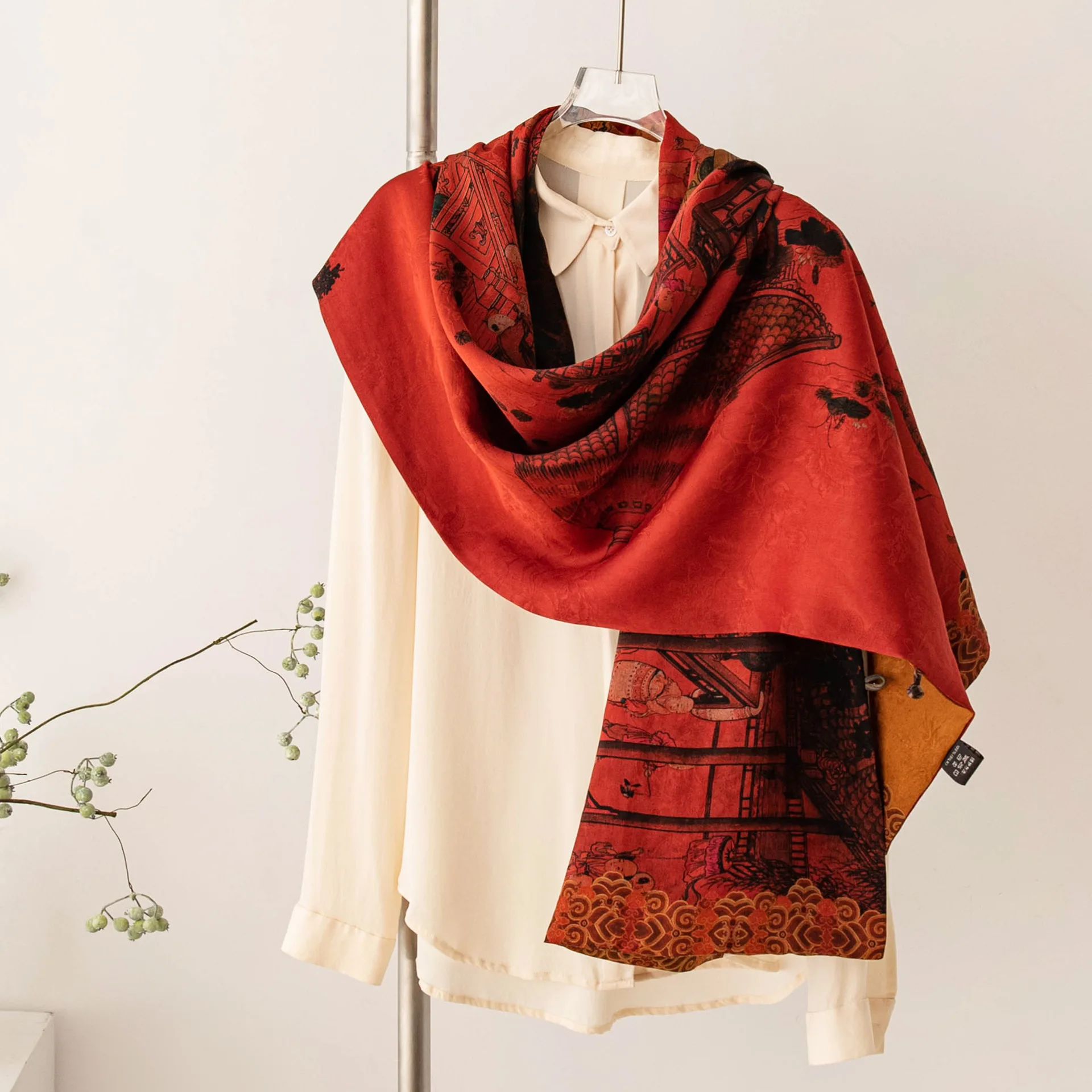 New fragrant cloud yarn silk double-layer buckle red shawl long silk scarf printing
