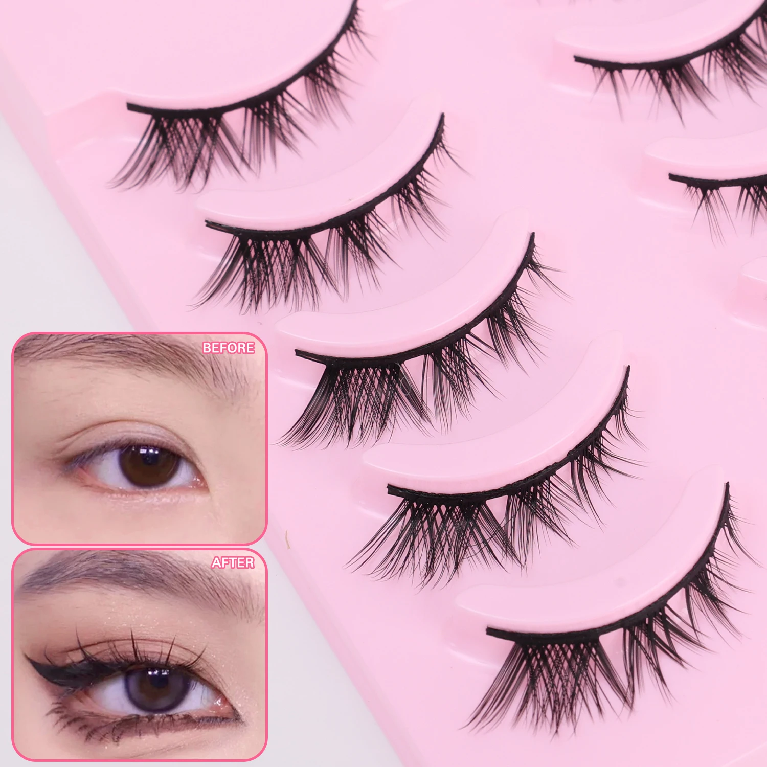 5 Paar verlängerte Wimpern mit geflügeltem Ende, 3D-schwarze Stiele, Wispy Lashes, Fox Eye Manga, falsche Wimpern, Wimpernverlängerung, Make-up