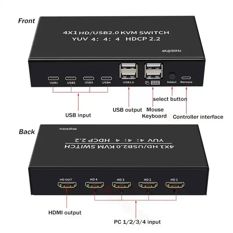 YUV 4:4:4 4K 60Hz 4x1 HDMI KVM Switch 4 in 1 Out HDCP2.2 4 USB 2.0 vs 4K UD USB 2x1 Switcher for PC Share Monitor Mouse Keyboard