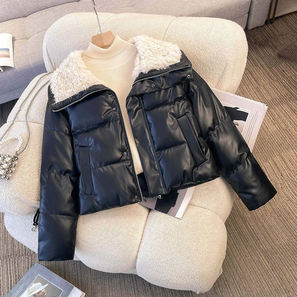 2025 Winter Loose PU Jacket for Women Fashion Lamb Wool Splicing Turn Down Collar Short Parkas Outerwear Chic Warm Cotton Coat