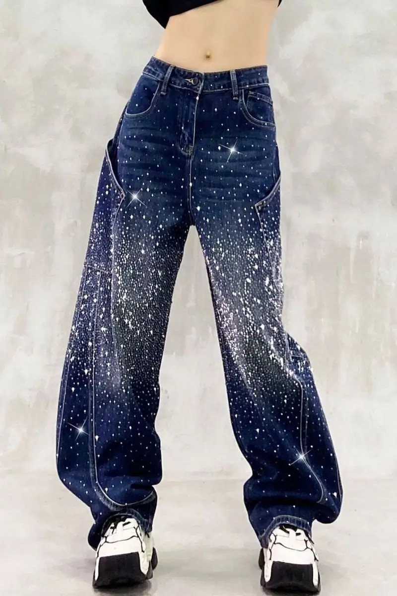 

Блестящие повседневные джинсы для тяжелой промышленности с бриллиантами для женщин, осенние новые свободные брюки с высокой талией, универсальные прямые брюки-бананы