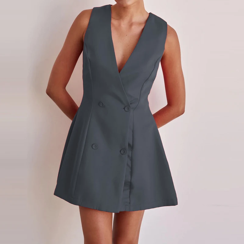 

Летнее модное повседневное платье 2026 года: сексуальное мини-платье без рукавов с драпировкой на талии, элегантное женское короткое платье с V-образным вырезом и пуговицами