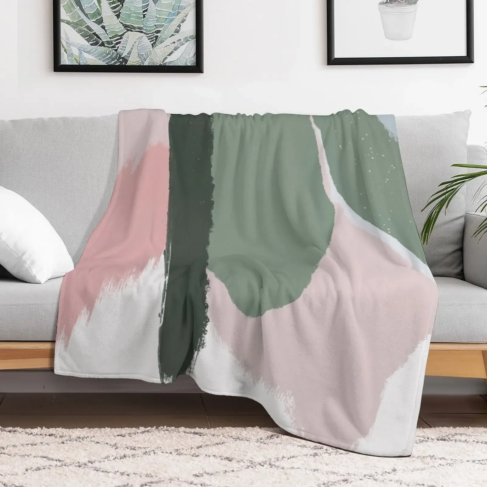 Abstract Art Paint Brush Strokes in Blush Pink & Sage Green Throw Blanket Stuffeds Soft Plaid Blankets For Baby Blankets