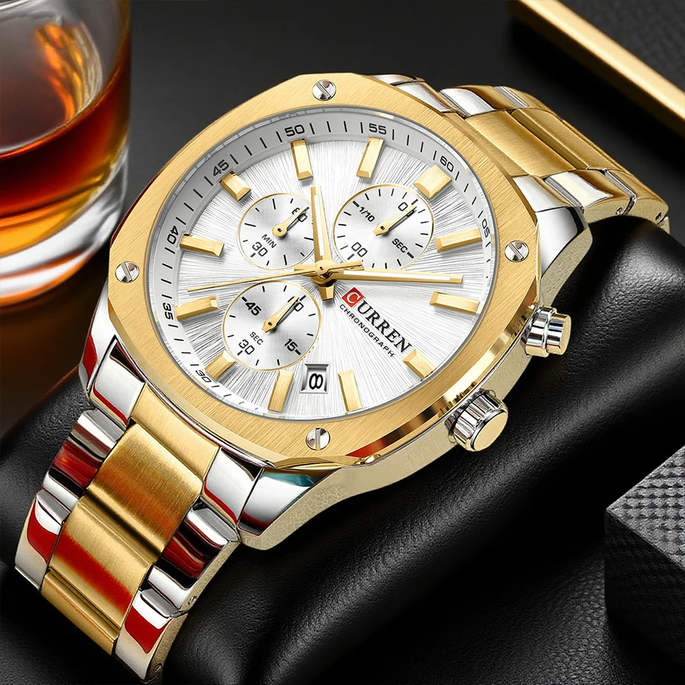 CURREN Men's Luxury Watch Sporty Triple Sub-Dial Chronograph Wristwatch with Two-Tone Bracelet Luminous Hands Quartz Movement