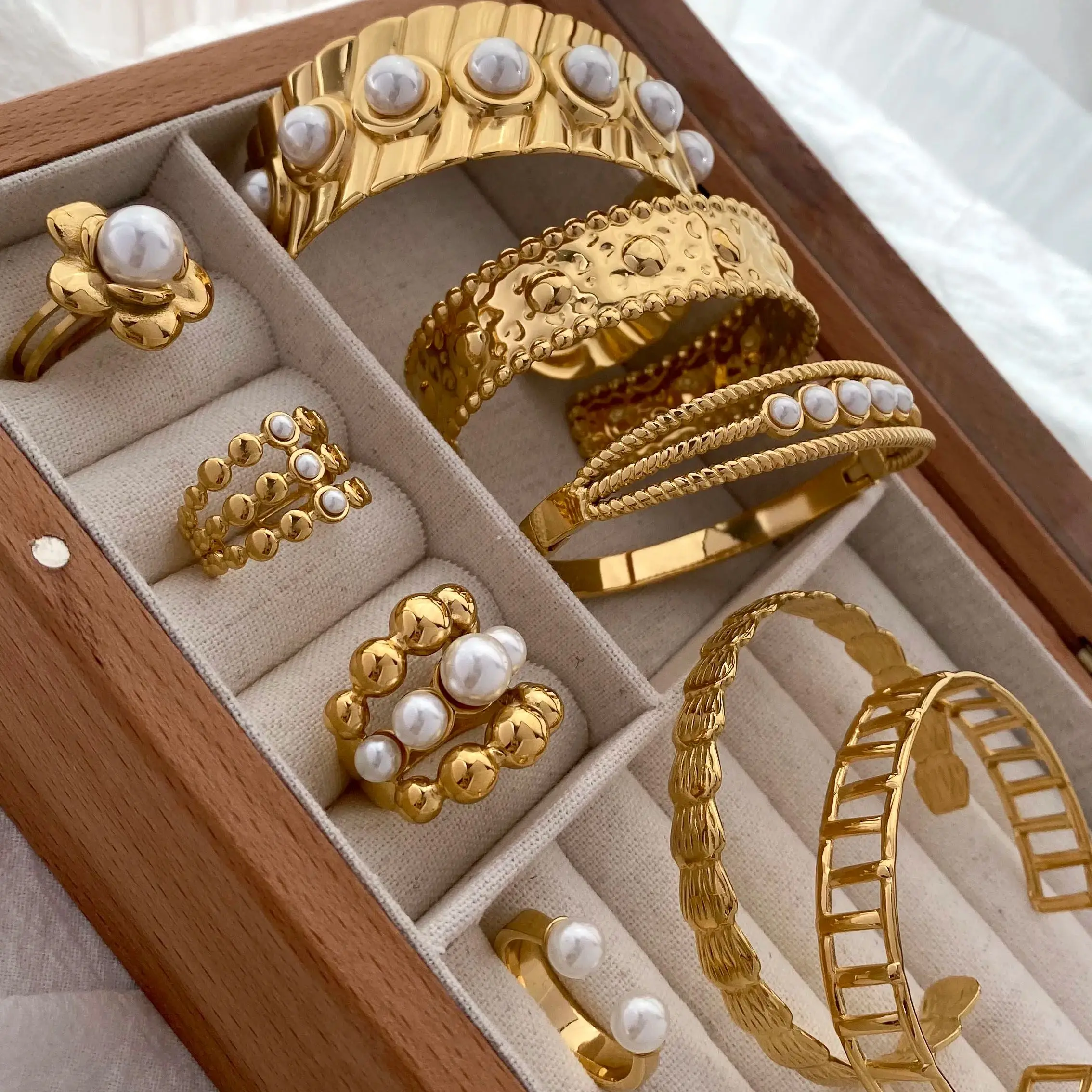 

CARLIDANA Luxury Adjustable Gold Plated Stainless Steel Women Handmade Pearl Cuff Bangles Open Fashion Jewelry Rings Set