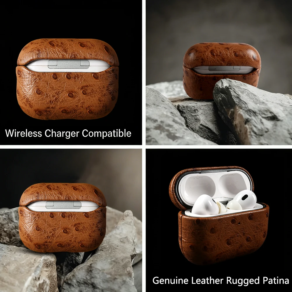 Funda para auriculares de cuero genuino con estampado de piel de avestruz, compatible con Airpods 5, 4, Pro, 3, Pro3, Pro 2, Pro2 y Airpods 4. Estuche para auriculares inalámbricos Bluetooth.