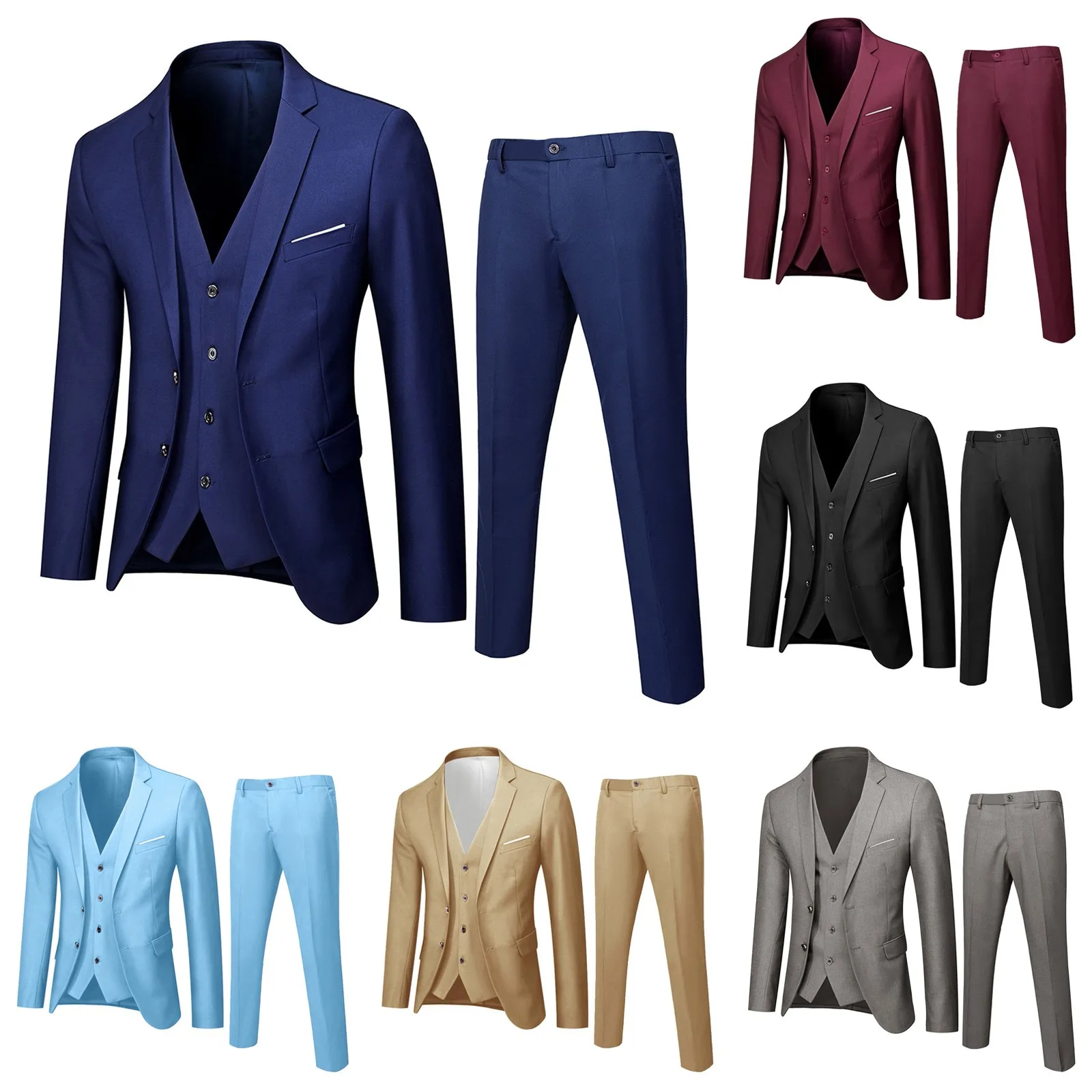 Men’S Suit Solid Slim 3 Piece Suit Business Wedding Party Formal Jacket Vest & Pants Banquet Elegant Regular Fit Man Suit