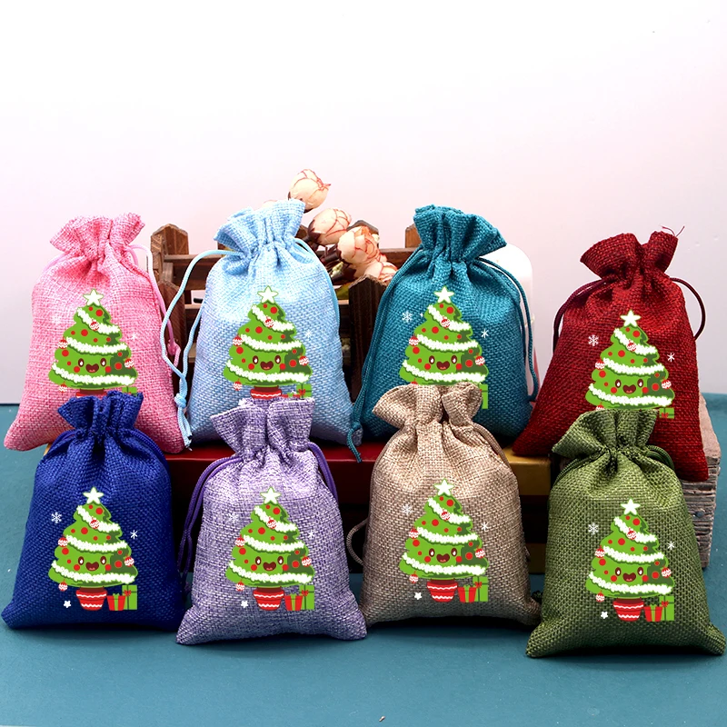 Hot Sale 16Pcs/Lot Christmas Jute Bags 10x14 13x18cm Linen Party Jewelry Boutique Packaging Bags Drawstring Pouch Candy Gift Bag