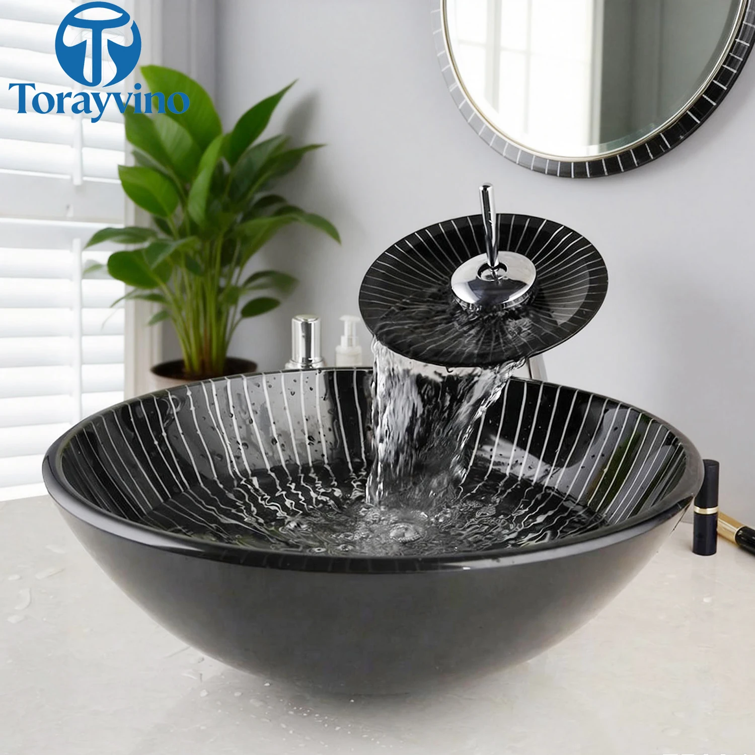 Torayvino Bathroom sink set 4 shapes Glass Hand Painted wash basin single hole deck mount Waterfall faucet Cold & Hot  Mixer tap