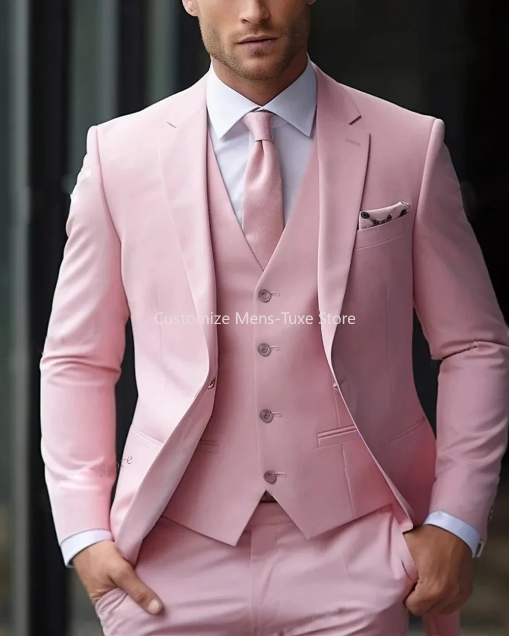 New Beige Suit Men Business Tuxedos Formal 3 Piece Set Jacket Vest Pants Single Breasted Groom Groomsman Prom Wedding Party