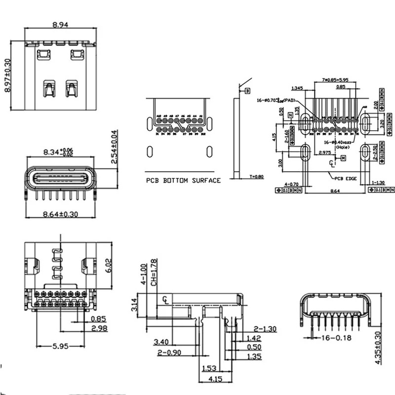 1/5/10PCS Type C 16 Pin Double Row SMT Socket Connector  SMD DIP For Huawei Samsung Lenovo PCB Design DIY High Current