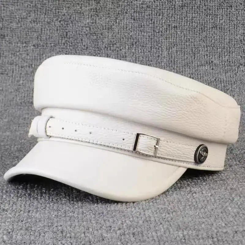 Real Leather Hat Men 2025 Branded New High Quality Genuine Cowhide Leather Flat Top Caps with Belt White Gorra Militar Hombre
