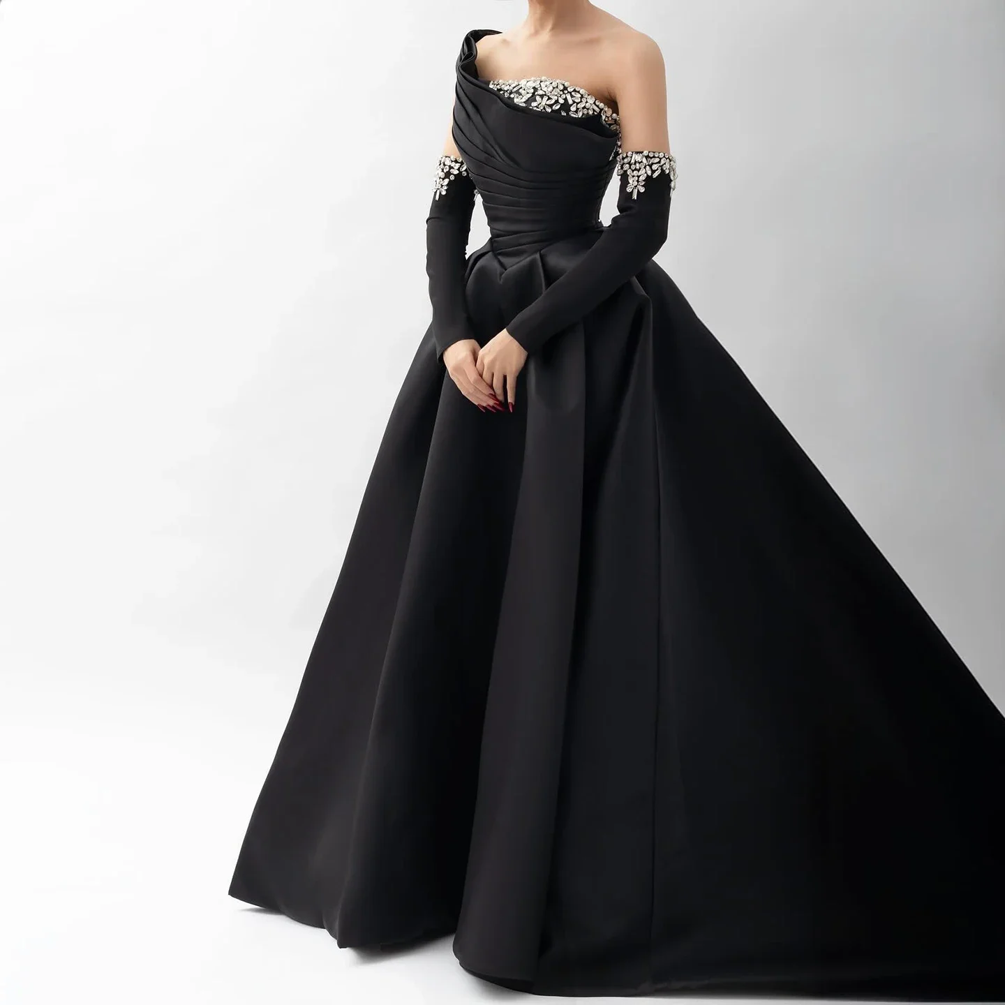 

Sharon Said Elegant Dubai Black Satin Crystal One Shoulder Evening Dress with Sleevs for Formal Party Gowns SF272 Customized
