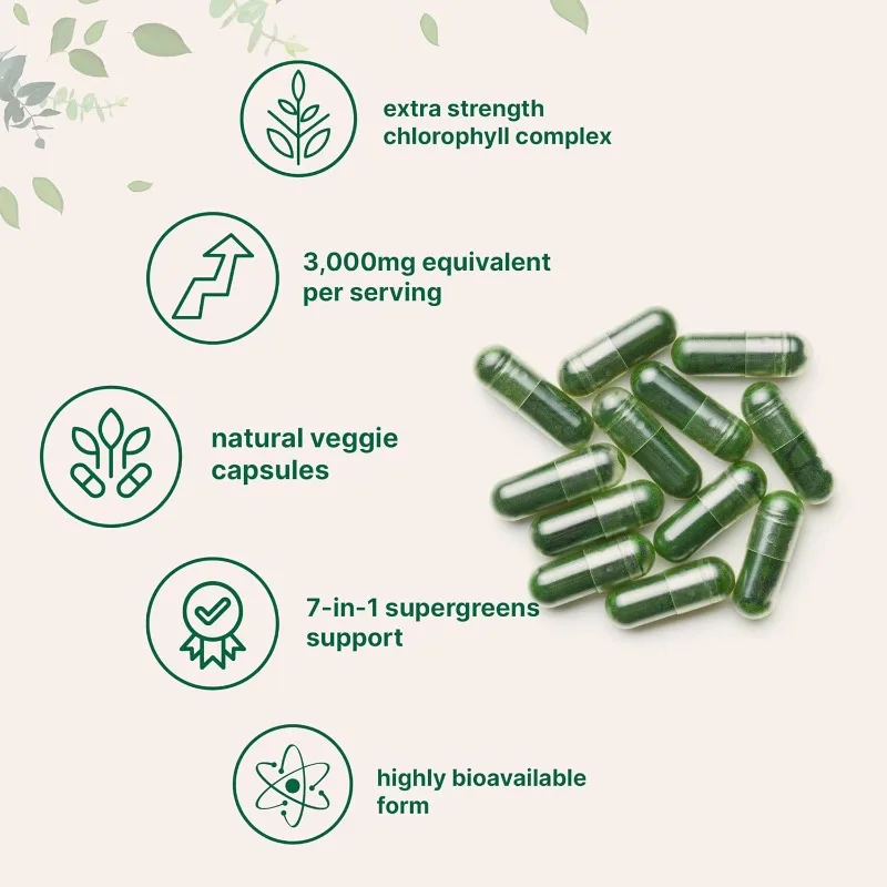 Chlorophyll 3000mg Contains Alfalfa, Moringa, Spirulina, And Chlorella - Internal Deodorizer -60 Capsule