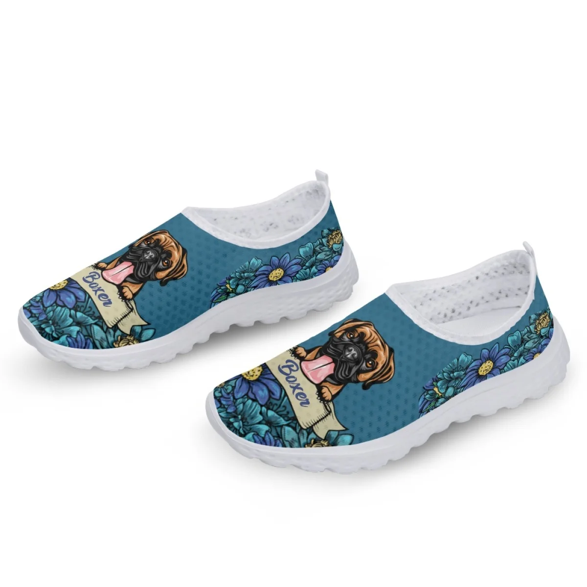 INSTANTARTS Lovely Boxer Dog Print Slip-on Mesh Shoes Custom Personalized Flats for Dog Lovers Floral Light Loafers for Mom Gift