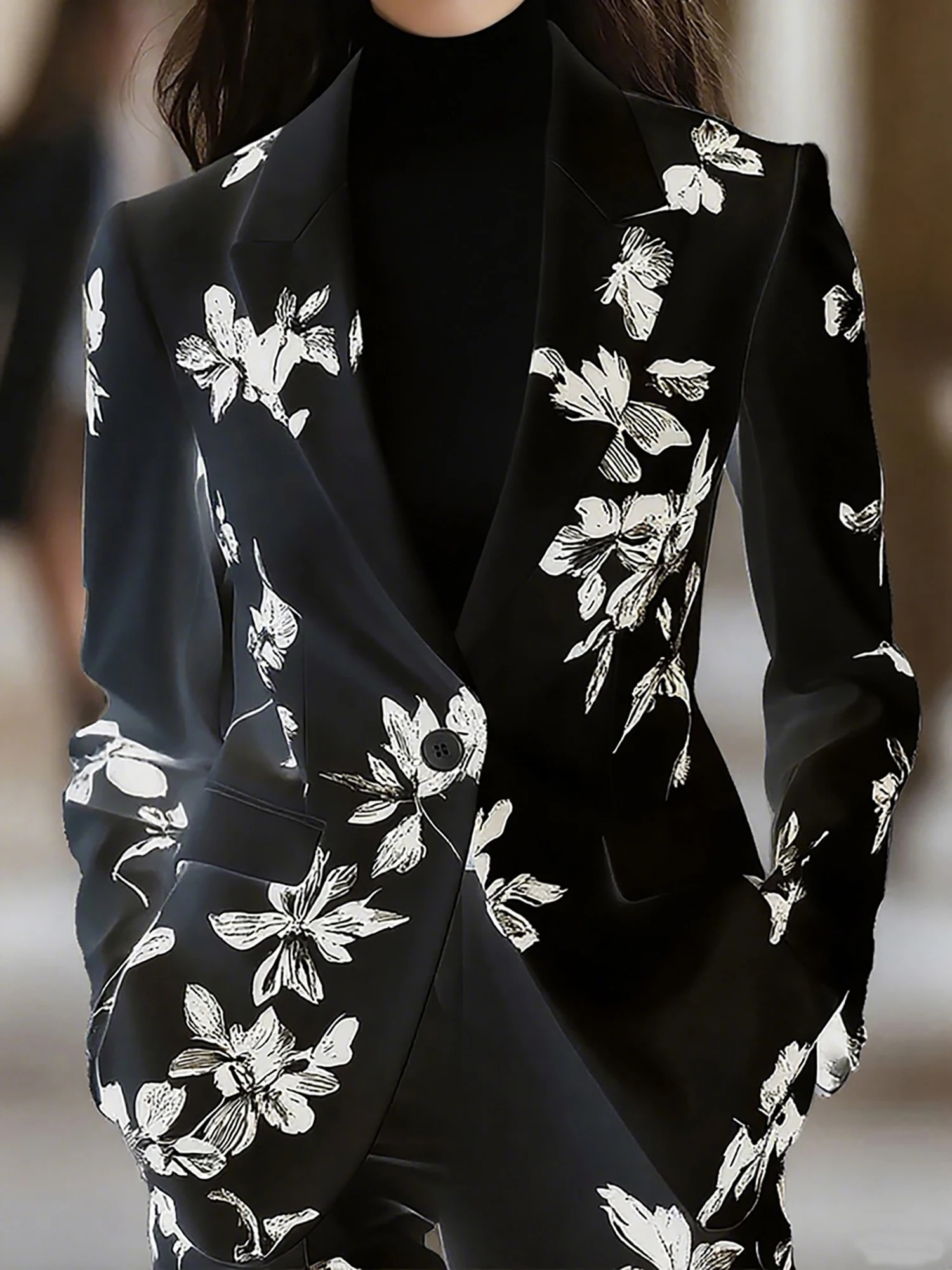 Elegant Floral Print Long Sleeve Blazer for Women - Chic V-Neck Jacket with Pockets, Stylish Outerwear