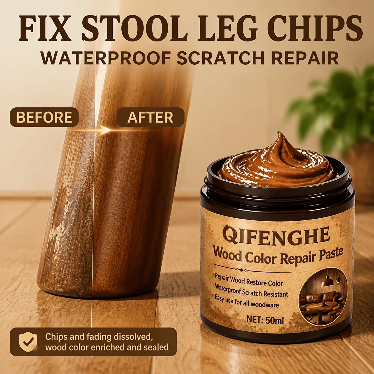 Furniture Wood Repair Paste, Restore Color & Fix Chips on Stools, Tables & Cabinets