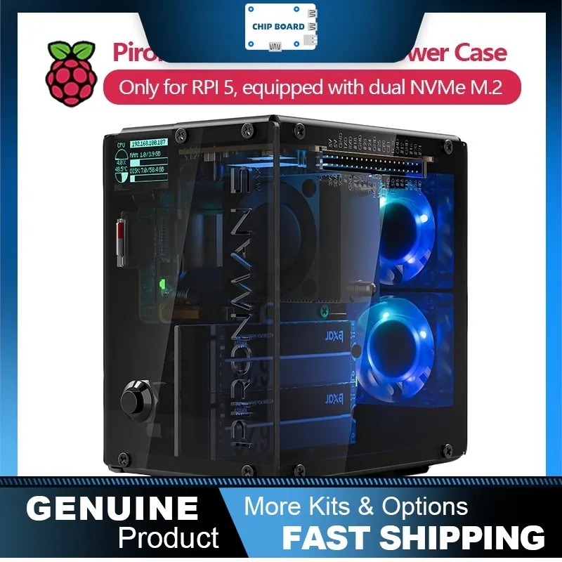 

Корпус Pironman 5 MAX для Pi 5: башенный корпус с двумя слотами NVMe, RGB-подсветкой и двумя вентиляторами