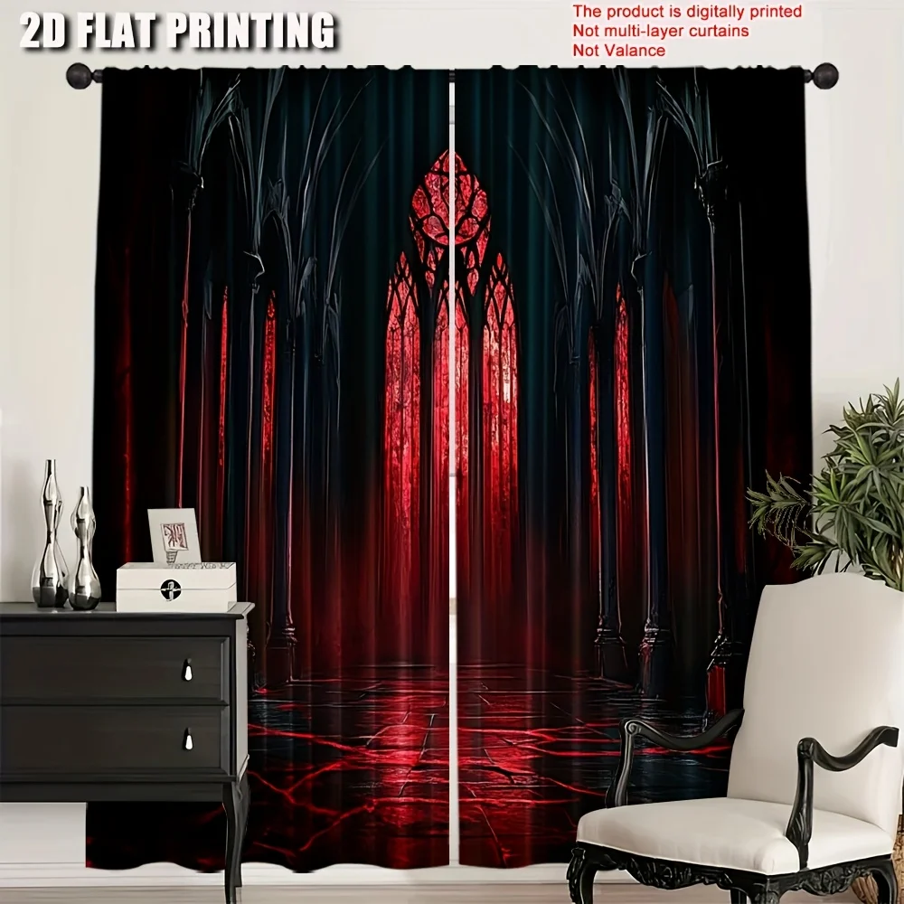 2pcs Gothic Cathedral Print Blackout Curtains, 2D Flat Printed Polyester Rod Pocket for Dramatic Room Decor