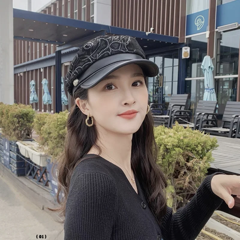 Fashion Real Leather Sheepskin Print Rider Style Fashion Army Flat Top Cap Women Men's Baseball Hats