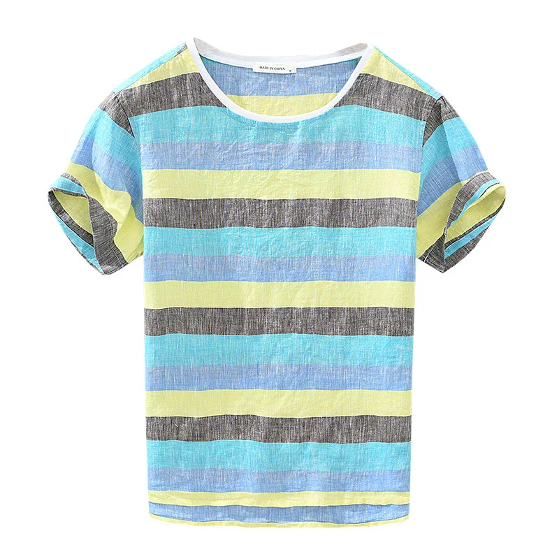 Men\'s Stripe T-shirt Summer Fashion High Quality 100% Linen Yarn-Dye Breathable Fresh Japan Chic Casual Loose Daily Pullover Tee