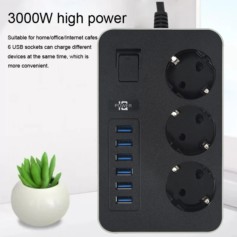 EU Plug AC Outlet Power Strip Multiprise 3m Extension Cord Electrical Socket Smart Home 6 USB Ports Phone Charge Network Filter