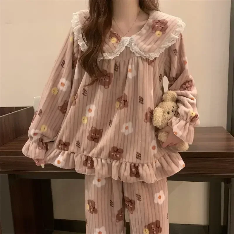 Ruffles Pajamas for Women Autumn Winter Peter Pan Collar Ruffle Sleeve Pajama Top and Elastice Waist Pants 2 Pcs Pajama Sets