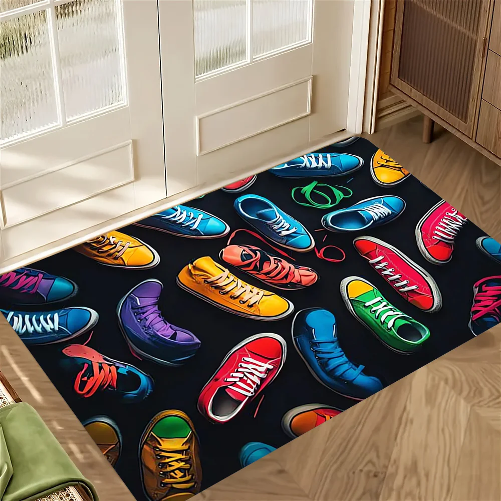 1pc 2D Flat Colorful Canvas Sneakers Pattern Street Style Flannel Door Mat Non Slip Cool Shoe Rug For EntrywayBedroom FloorDecor