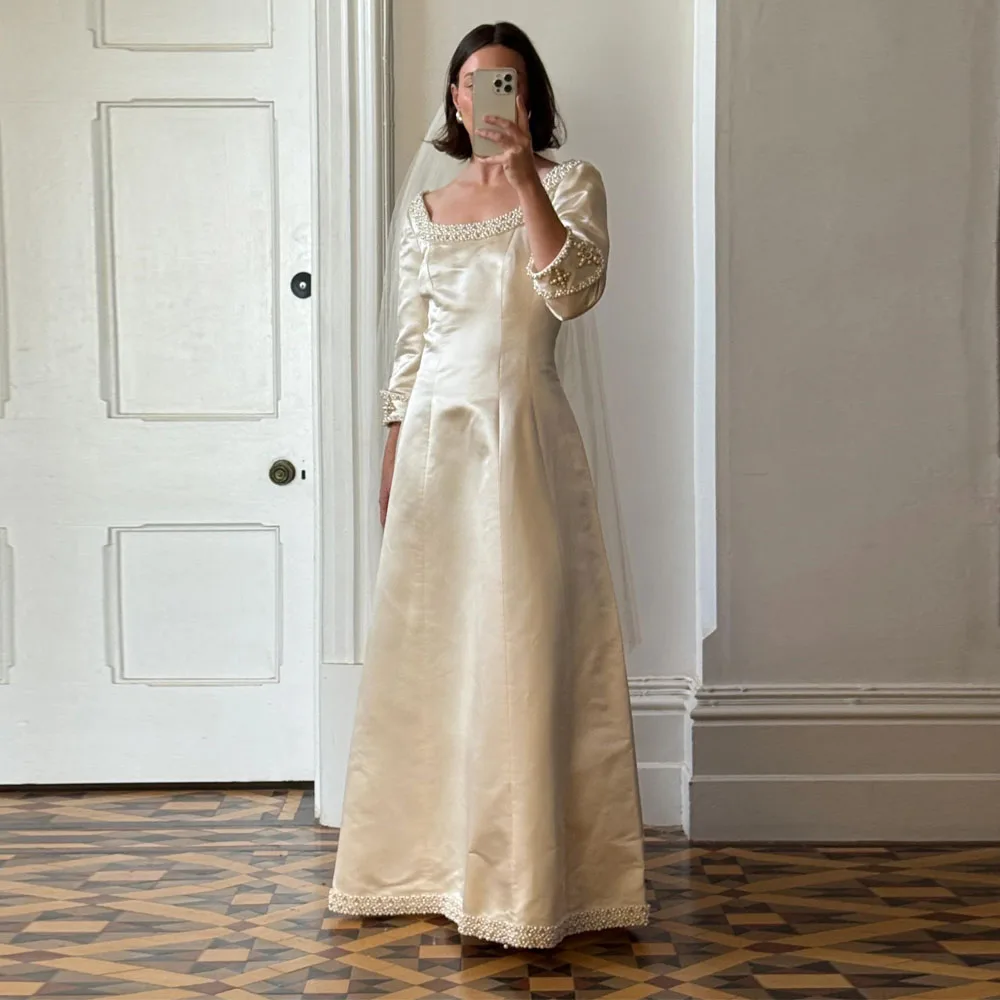 

Customized Vintage Pearls Wedding Dress Square Neck 3/4 Sleeve Bridal Gown Champagne A Line Floor Length vestidos de novia