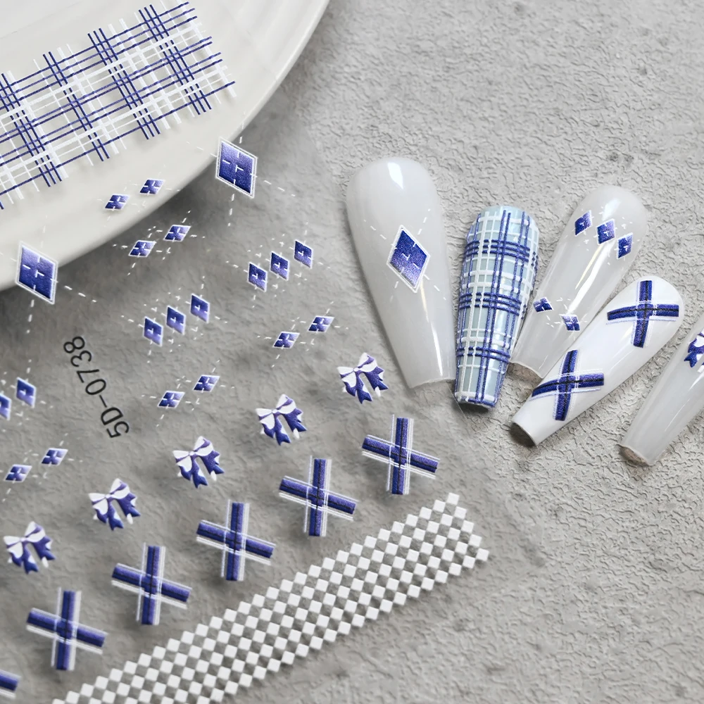 

1 Sheet Blue White Plaid Bow Nail Stickers 5D Relief Checkered Diamond Pattern Nail Art Decals Self-Adhesive DIY Manicure Wraps