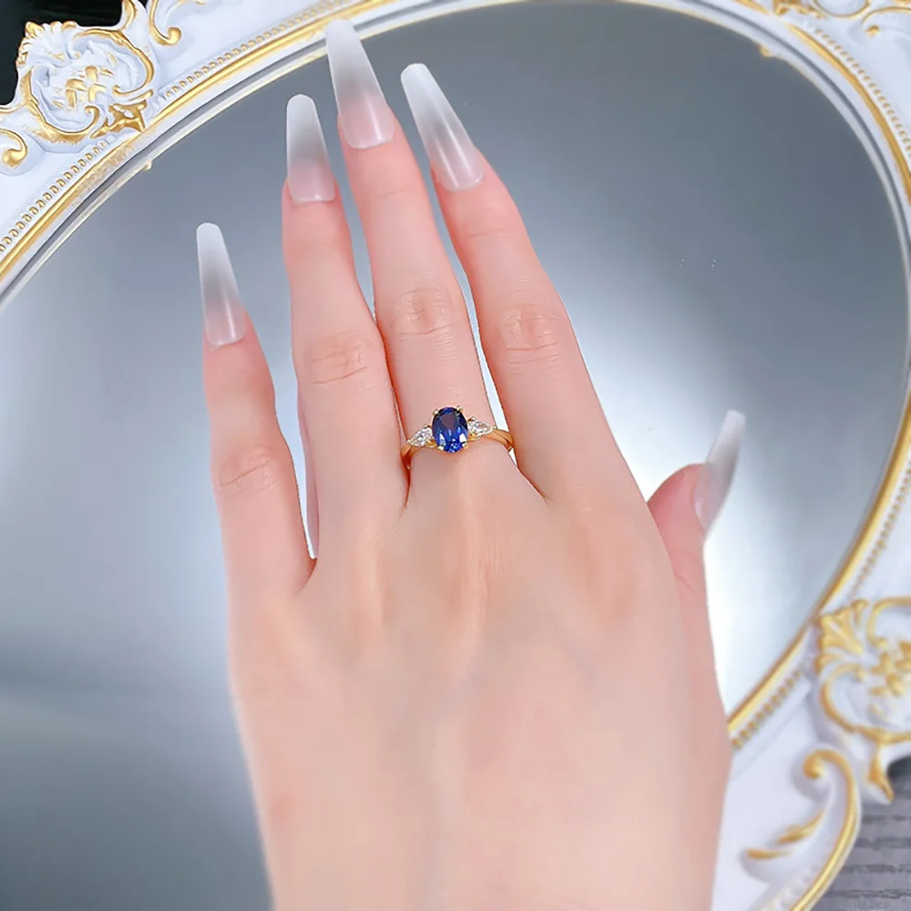 Vintage 18k Gold Plated 925 Sterling Silver 6*8mm Sapphire Rings for Women Lab Diamond Gemstone Party Fine Jewelry Birtyday Gift