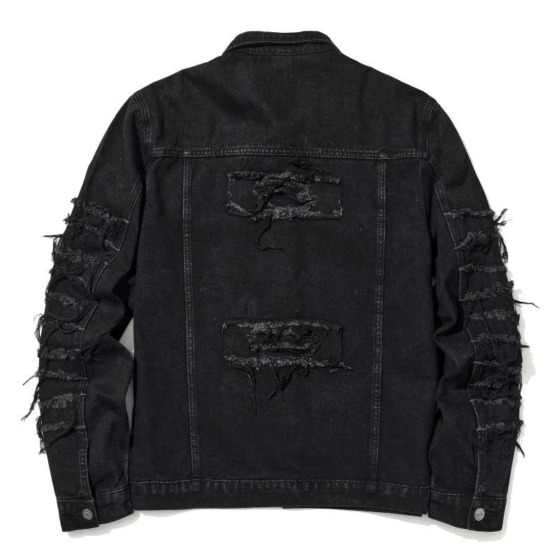 Men's High Street Destroyed Jeans Jacket With Patchwork Fashion Streetwear Ripped Denim Coat For Male Distressed Outerwear