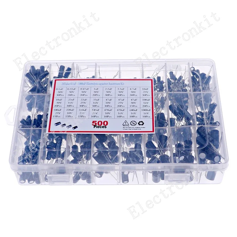 500Pcs 24Kind 0.1uF-1000uF 10V-50V Electrolytic Capacitors Assorted kit