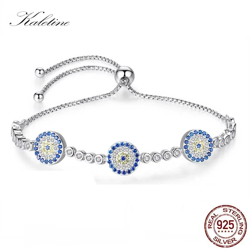 

KALETINE стерлингового серебра 925 пробы женский браслет от сглаза Lucky Hamsa мужской роскошный круглый браслет с голубыми глазами CZ кристалл теннисный браслет