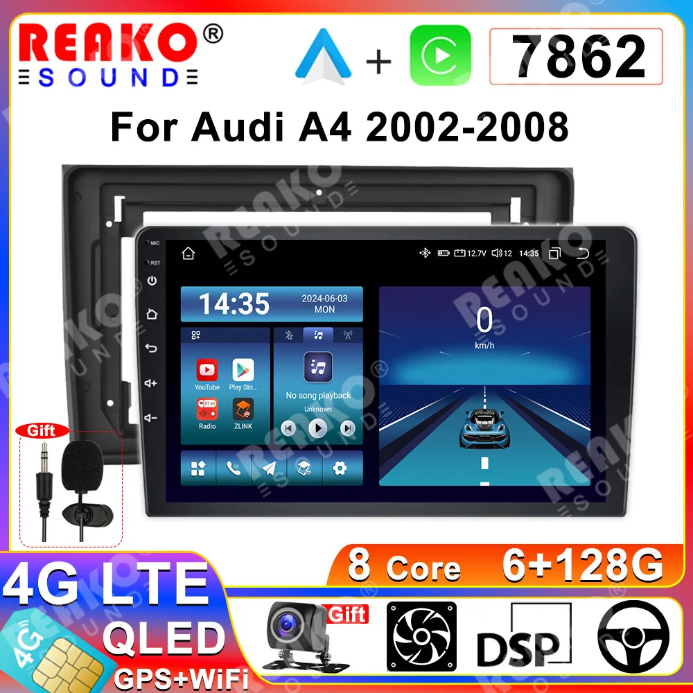 

REAKOSOUND 9 Inch For Audi A4 2002 2003 2004 2005 2006 2007 2008 Car Radio Wireless Carplay Auto Multimedia Player Android 13 4G