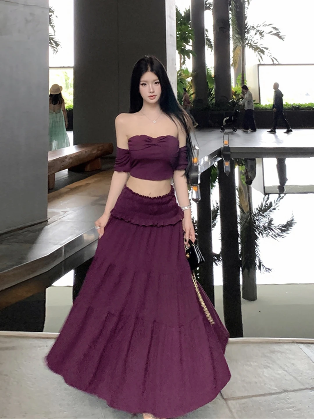 

Ele Фиолетовый вязаный комплект с юбкой на одно плечо, женский летний комплект из двух предметов для пляжной длинной юбки Vaion