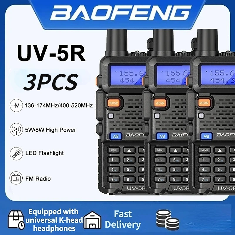 3 Stück Baofeng UV-5R Hochleistungs-Walkie-Talkie, USB wiederaufladbar, Dual-Antennen, ideal für Outdoor- und Notfallsituationen