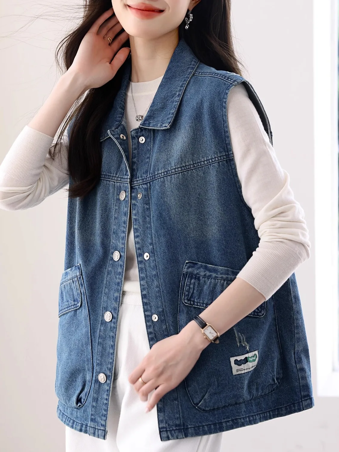 

Свободный лыжный джинсовый жилет, женская весенне-осенняя одежда, верхняя одежда, накладка на плечо, Jaet, хлопковый воротник, молния, деталь