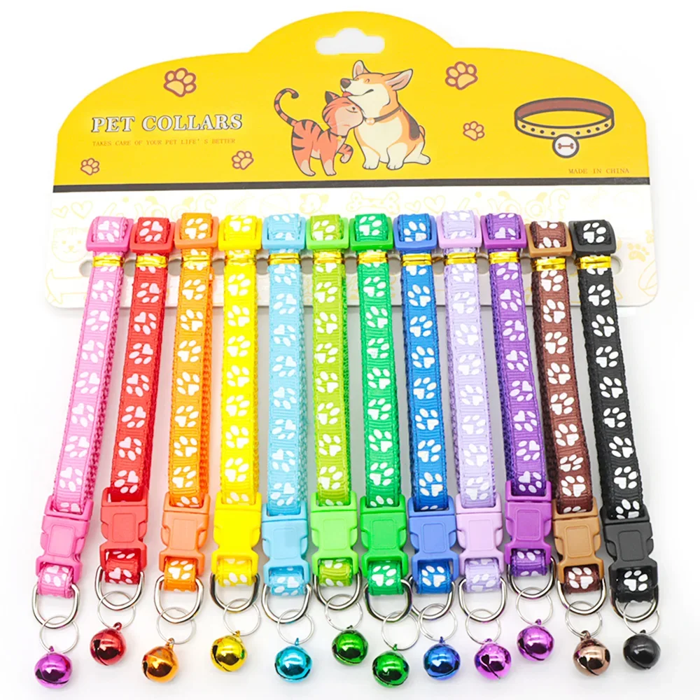 

12Pcs Wholesale Mix Color Anti-Lost Dog Collars Pet Cat Puppy Buckle Collar with Bell 6 Colors Footprint