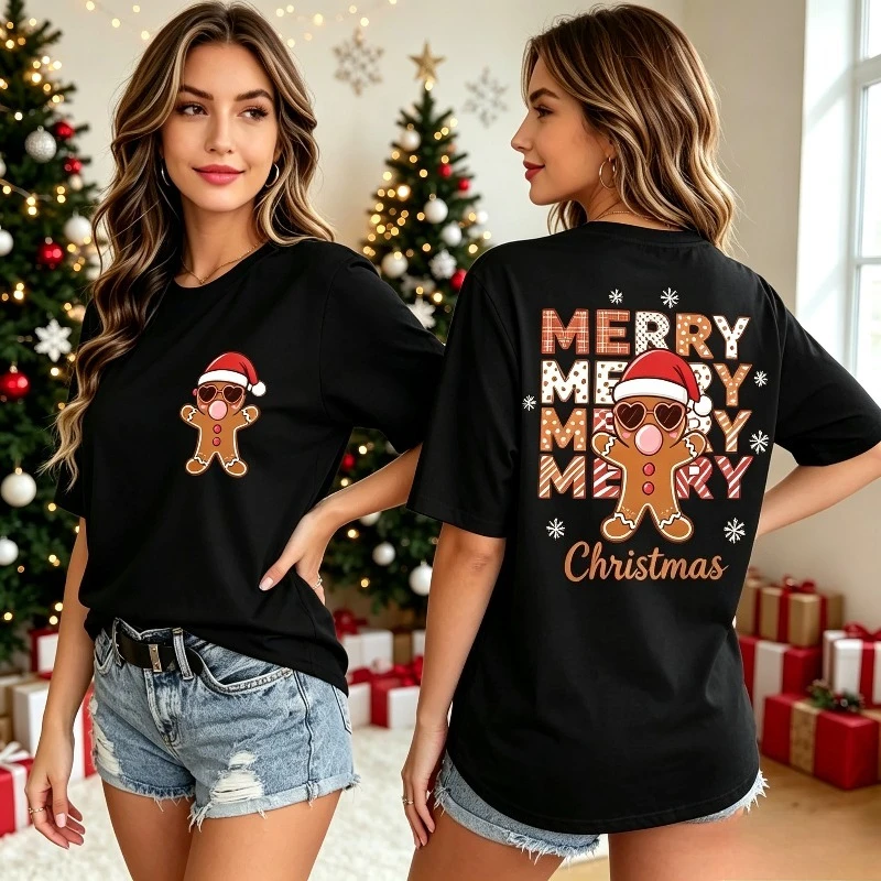 MERRY MERRY MERRY Christmas Women T-Shirt Funny Gingerbread Graphic Tee Xmas Print Top Soft Modal Holiday Party Family Gift