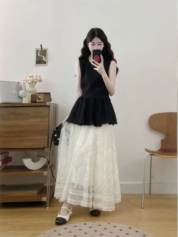 

Summer plus Size MM Set round Neck Vest Elegant Top High Waist Skirt Two Piece Set Korean Style Loose Fit Office Wear