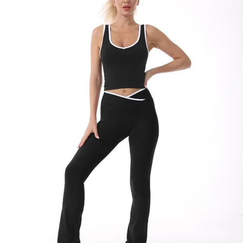 Conjunto de Sujetador deportivo de bloques de Color para mujer, traje de Yoga con cintura cruzada, sujetador incorporado, Top para correr, ropa de gimnasio, ropa de entrenamiento a la moda